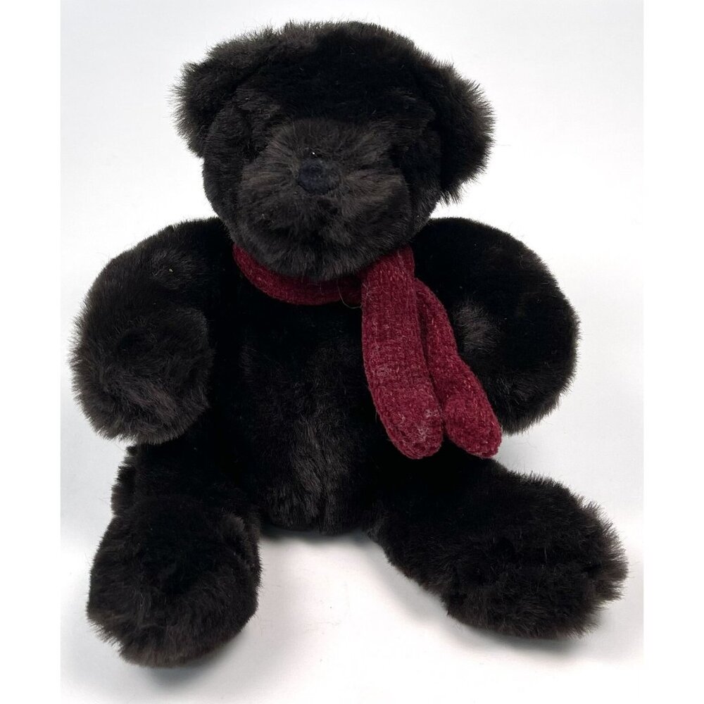 POTTERY BARN 7" Soft Dark Brown Plush Stuffed TEDDY BEAR Toy w/ Maroon Scarf EUC